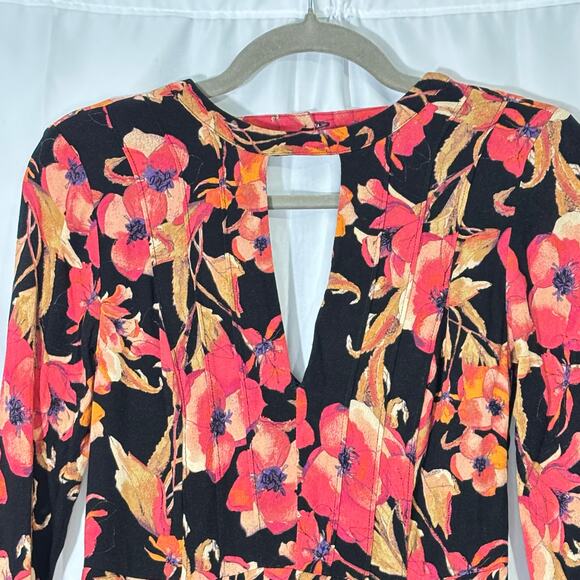Free People Tegan Black Orange Floral Mini Dress Long Sleeves Keyhole Size 0 - Picture 6 of 8